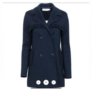 Tory Burch Navy Ruffled Double Breasted Wool Blend Coat Like New Size Large